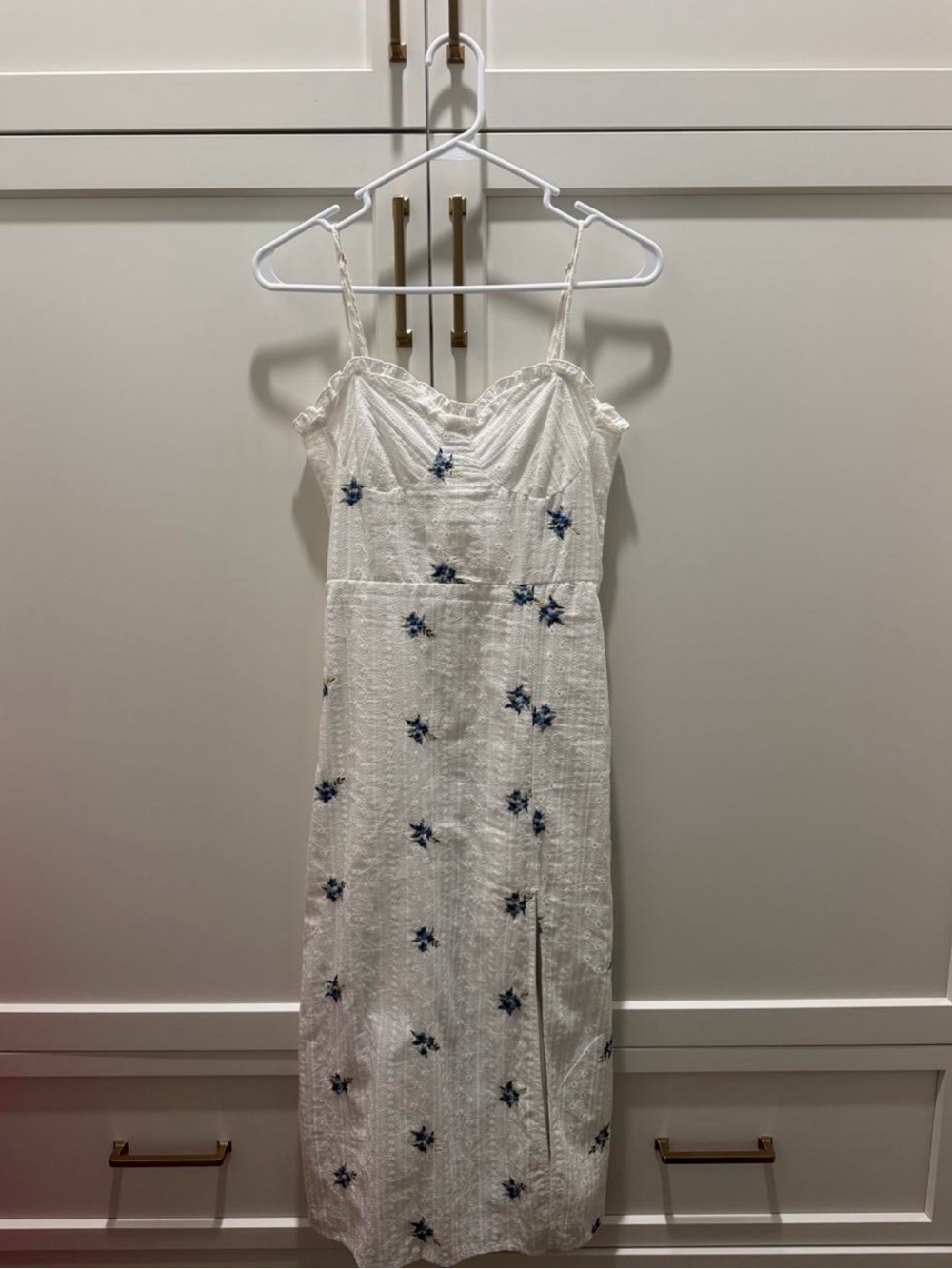 White Maxi Dress with Blue Floral Embroidery